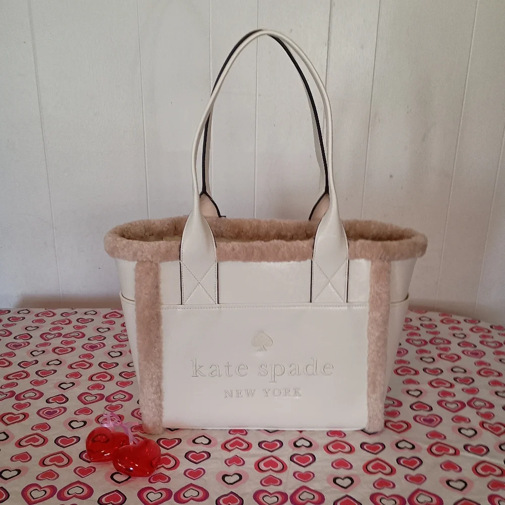 SOLD- NWT Kate Spade Meringue Cream White Jett Shearling Trim Large Tote Purse - Picture 1 of 16